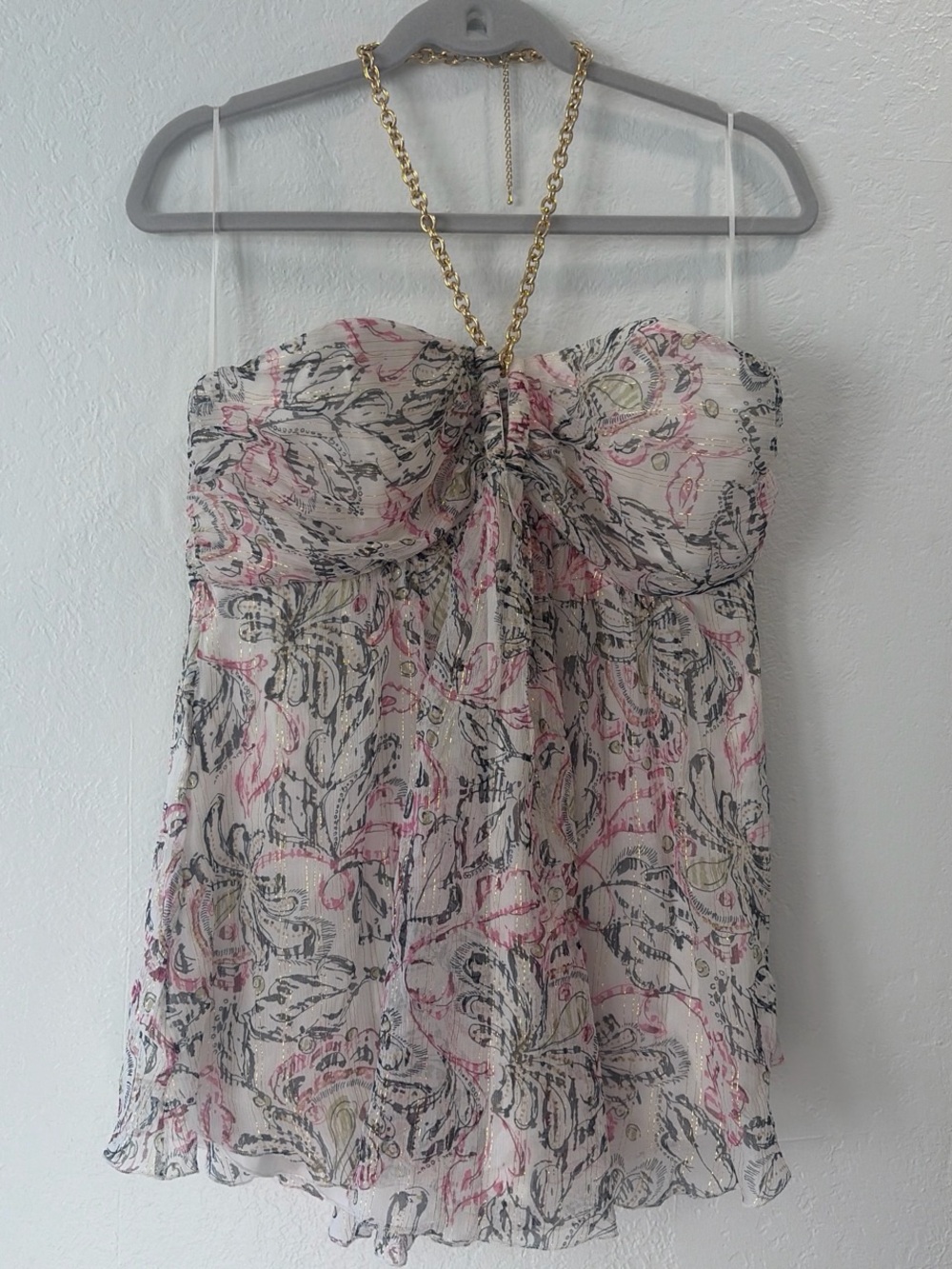 Y2K Express Design Studio Gold Chain Floral Print Silk Halter Top